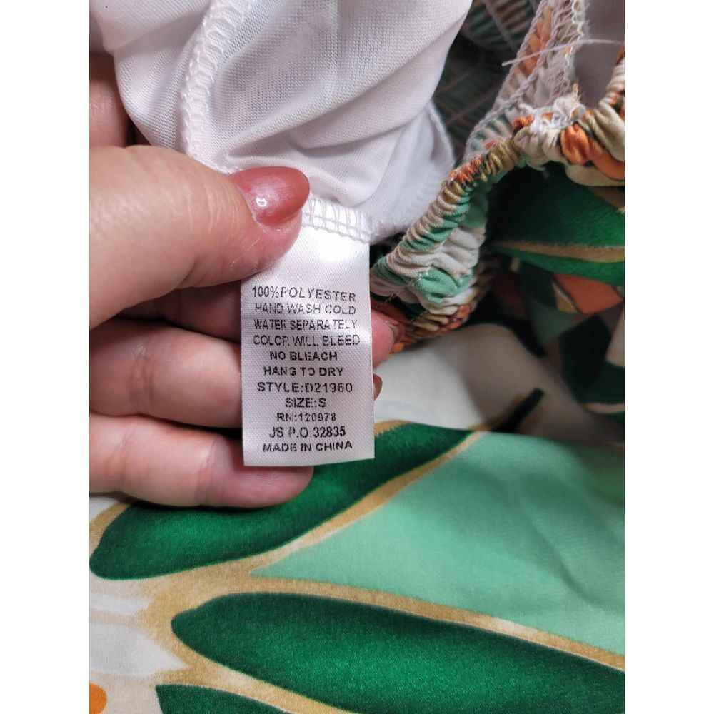 3434 Entro Orange/Green Floral Smocked‎ Midi Dress Puff Sleeves Women's Small - Picture 6 of 6
